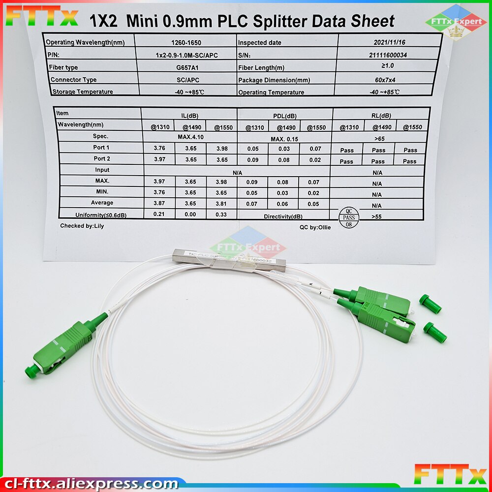 FTTH  й, 1 X2 PLC SC/APC SM 0.9mm G657A1 PVC 0.25m, Ʈ 10 ,  